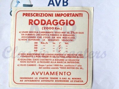 Inrij-instructie sticker rood Rodaggio 2000 km, 4 versnellingen, 2%, 130x130mm 