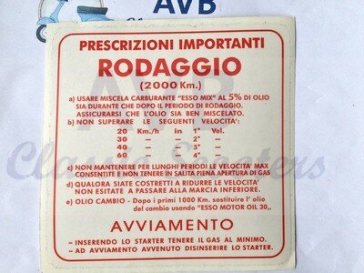 Inrij-instructie sticker rood Rodaggio 2000 km, 4 versnellingen, 5%, 130x130mm 