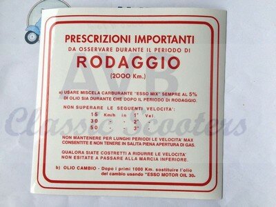 Inrij-instructie sticker rood 135x135mm Inrij-instructie sticker rood Rodaggio 5%- 3 versnellingen