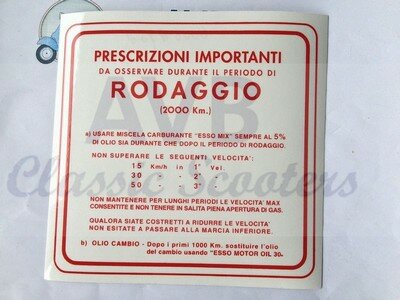 Inrij-instructie sticker rood 135x135mm Inrij-instructie sticker rood Rodaggio 5%- 3 versnellingen