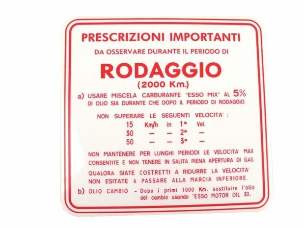 Inrij-instructie sticker rood 135x135mm Inrij-instructie sticker rood Rodaggio 5%- 3 versnellingen