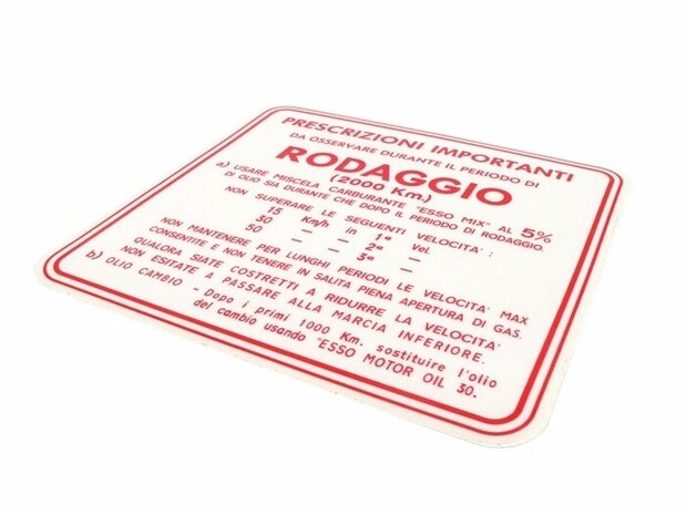 Inrij-instructie sticker rood 135x135mm Inrij-instructie sticker rood Rodaggio 5%- 3 versnellingen