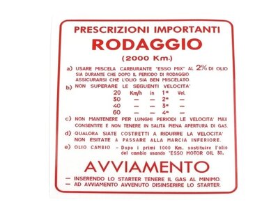Inrij-instructie sticker rood Rodaggio (2000 km) 4 versnell. 2% 
